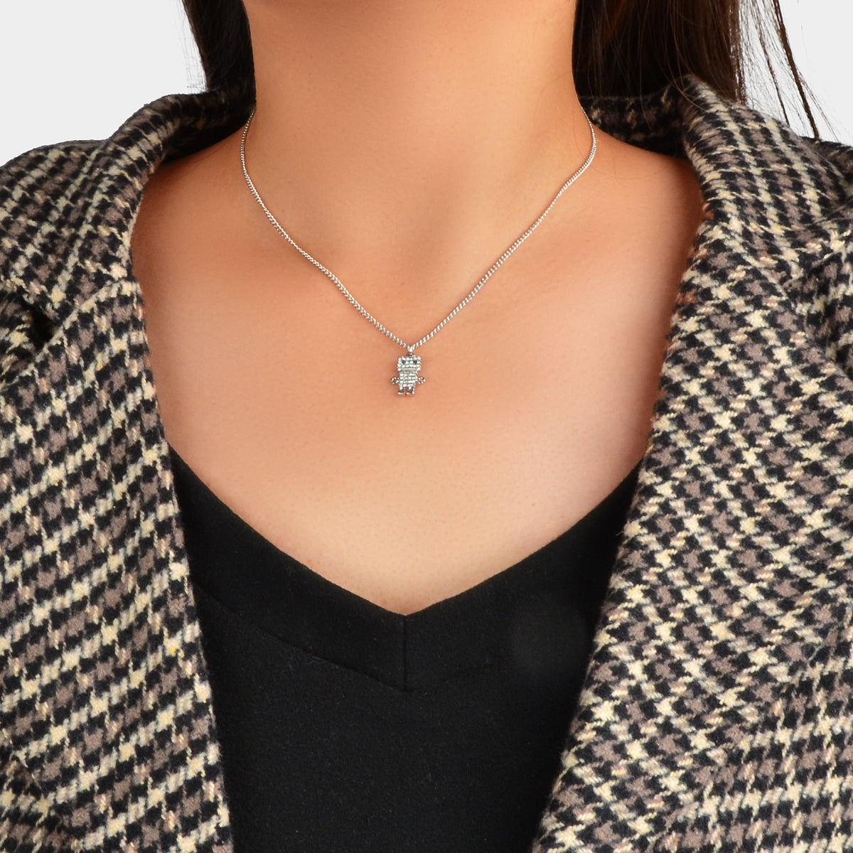 Personality Creative Silver Chain Rhinestone Decoration Robot Pendant Necklace