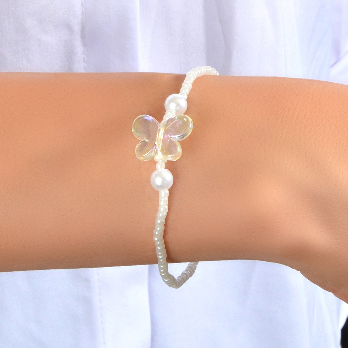 Ladies Jewellery Butterfly Decor Pearl Beads Retro Style Elastic Bracelet Bangle