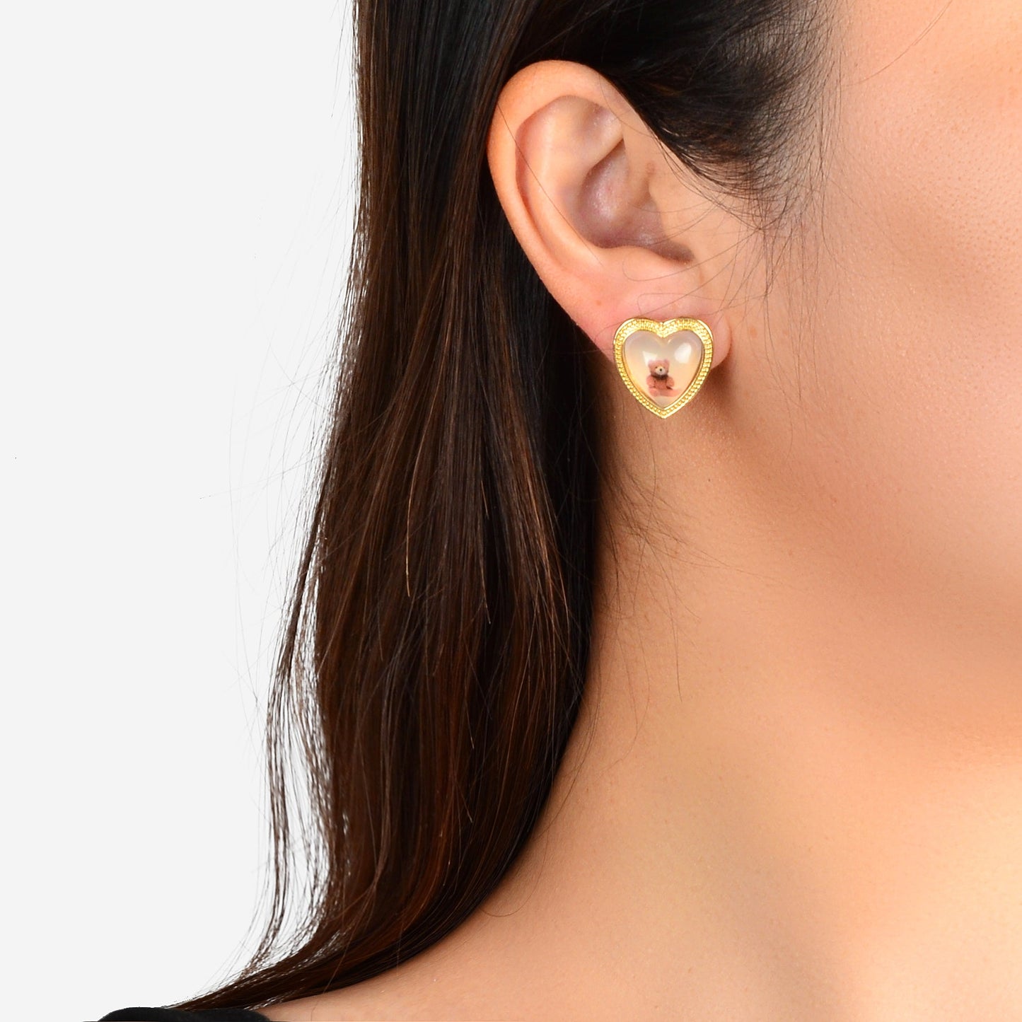 Lovely Bear Pattern Resin Heart Stud Pierced Earrings Dainty Gift for Woman Girl